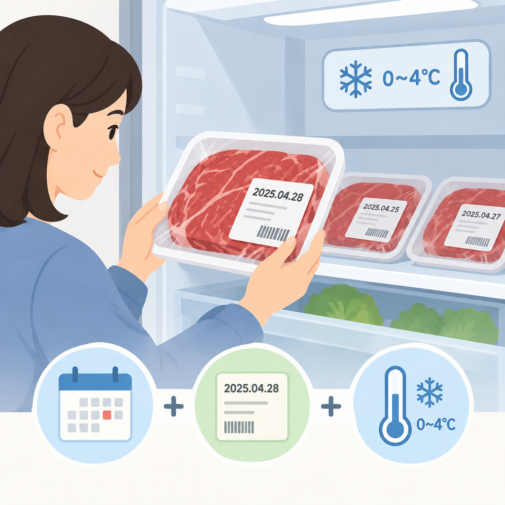 AI 생성 설명 이미지: 안산일동고기집 유니드정육식당 | 포장 날짜와 소비기한, 냉장 상태를 함께 읽는 법